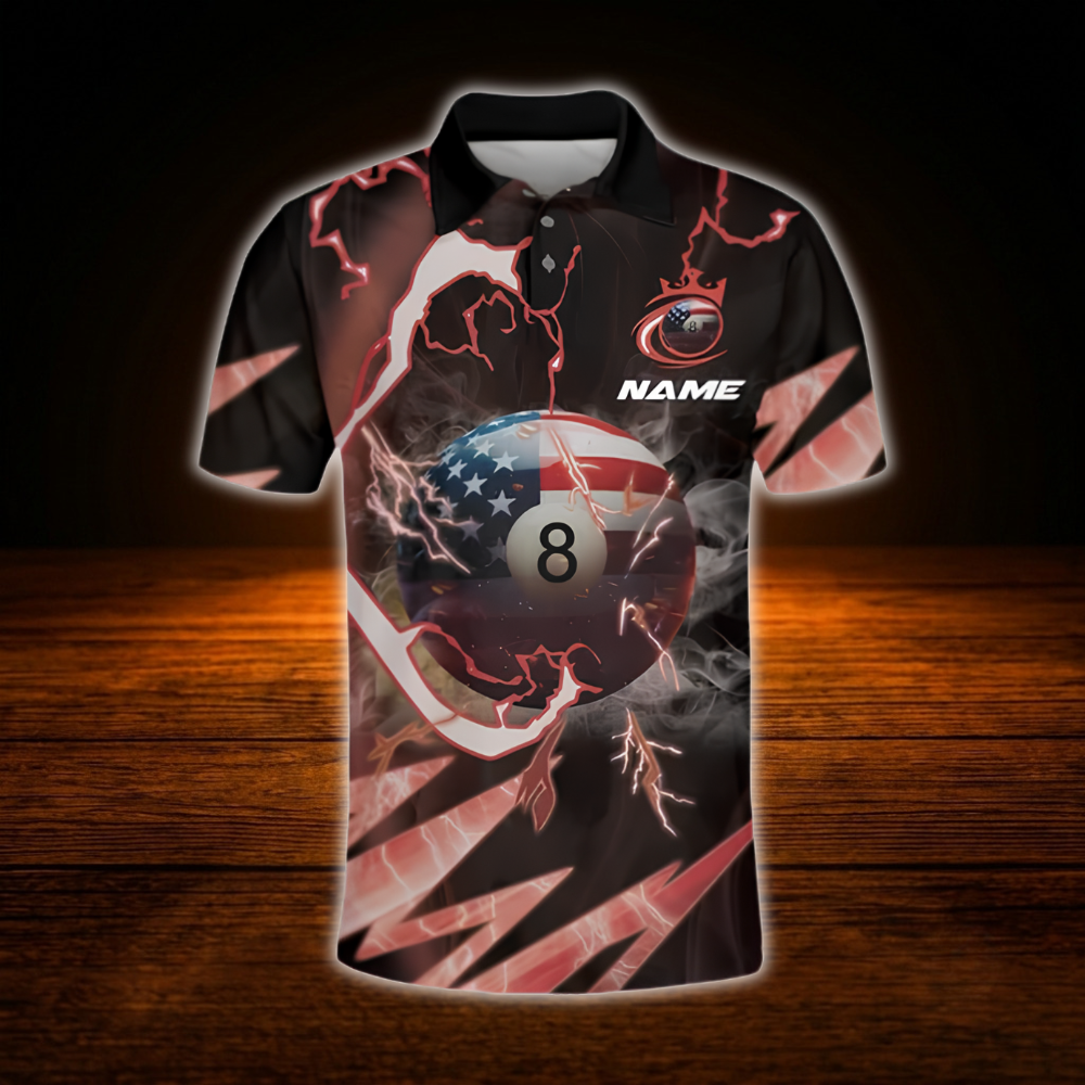 Custom USA Flag Thunder Men's Billiard Polo Shirt, Custom Patriotic Billiard Team Shirt