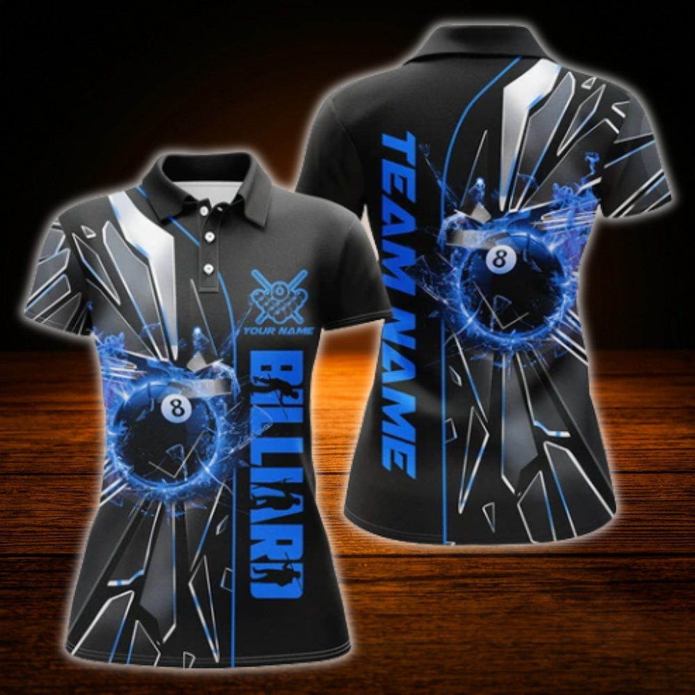 Custom Women 8 Ball Billiard Polo Shirt Purple Black, Custom 8 Ball Team Billiard Shirt For Women