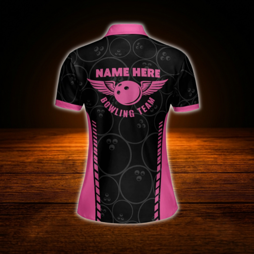 Custom Team Pink And Black Bowling Polo Shirts For Women, Custom Bowling Team Shirts For Women