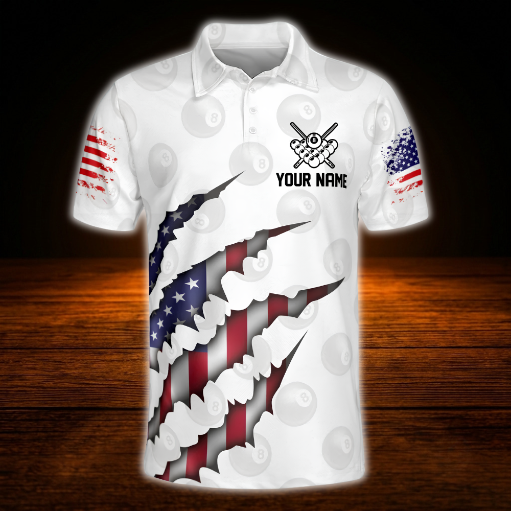 Custom USA Flag White Grunge Men's Billiard Polo Shirt, Custom Patriotic Billiard Team Shirt