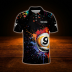 9 Ball Colorful Custom Mens Billiard Polo Shirt, Custom 9 Ball Team Billiard Shirts