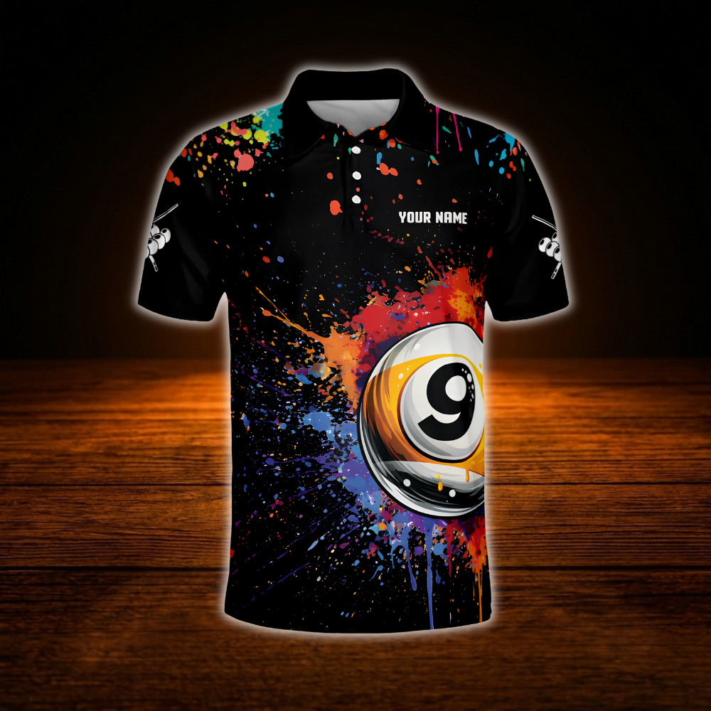 9 Ball Colorful Custom Mens Billiard Polo Shirt, Custom 9 Ball Team Billiard Shirts