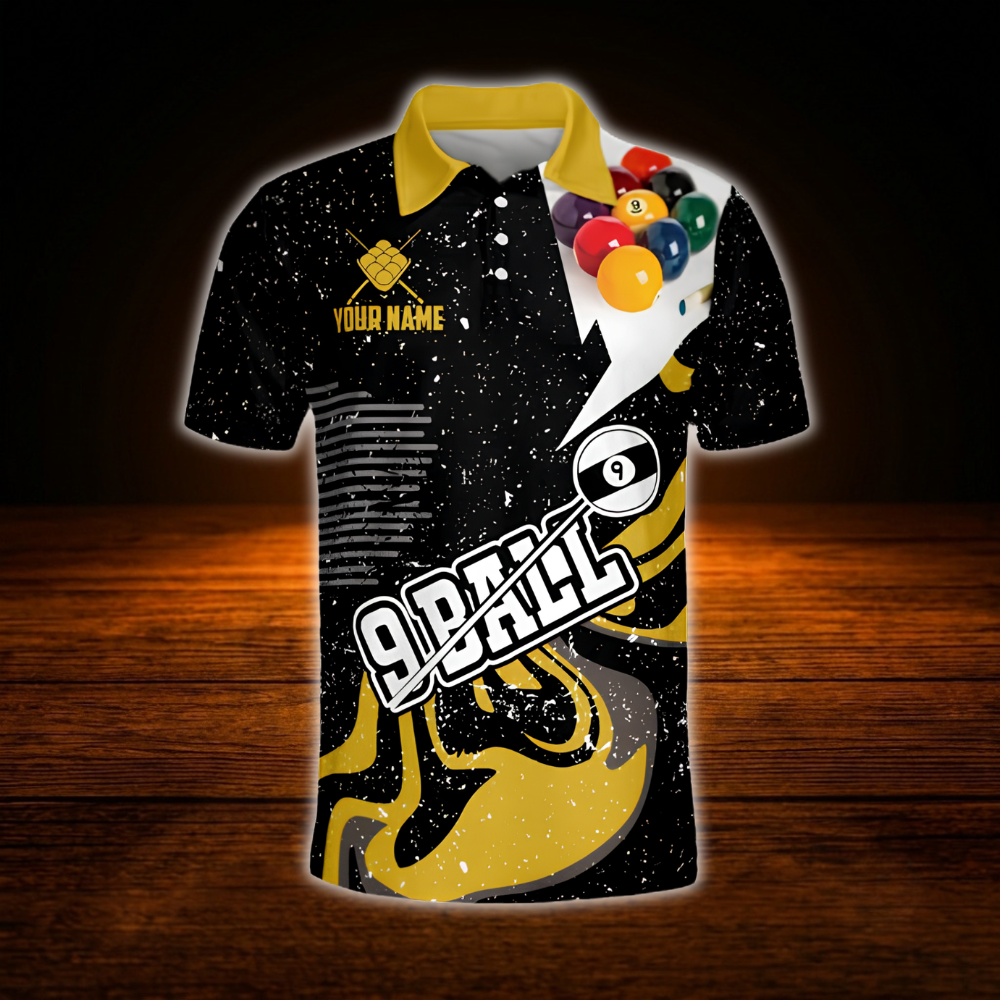 Custom 9 Ball Men's Yellow Black Billiard Polo Shirt, Custom 9 Ball Pool Team Shirt