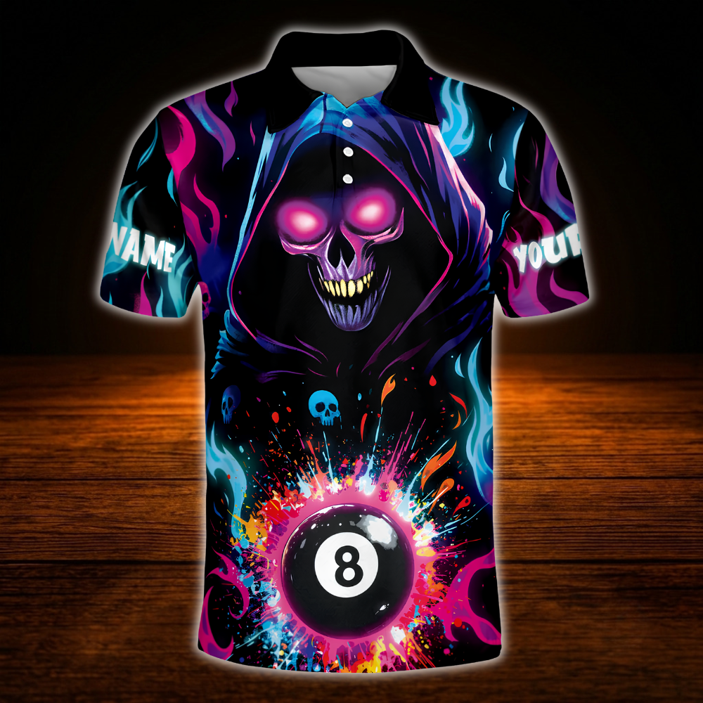 Custom Skeleton Colorful 8 Ball Billiard Polo Shirt For Men, Custom Skull Billiard Shirt Team