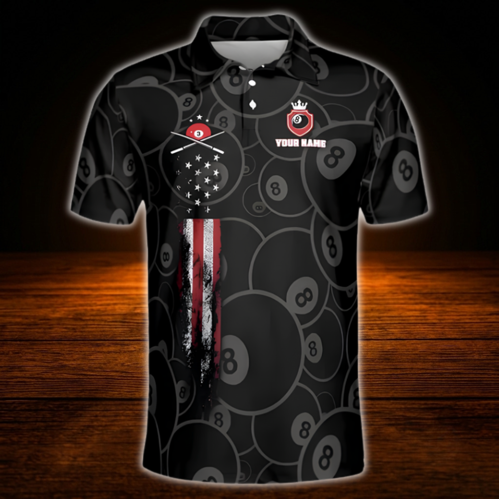 Custom 8 Ball USA Flag Men's Black Billiard Polo Shirt, Custom 8 Ball Pool Shirt Team