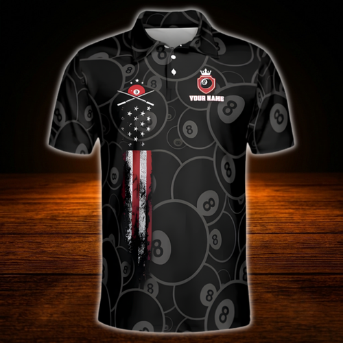 Custom 8 Ball USA Flag Men's Black Billiard Polo Shirt, Custom 8 Ball Pool Shirt Team