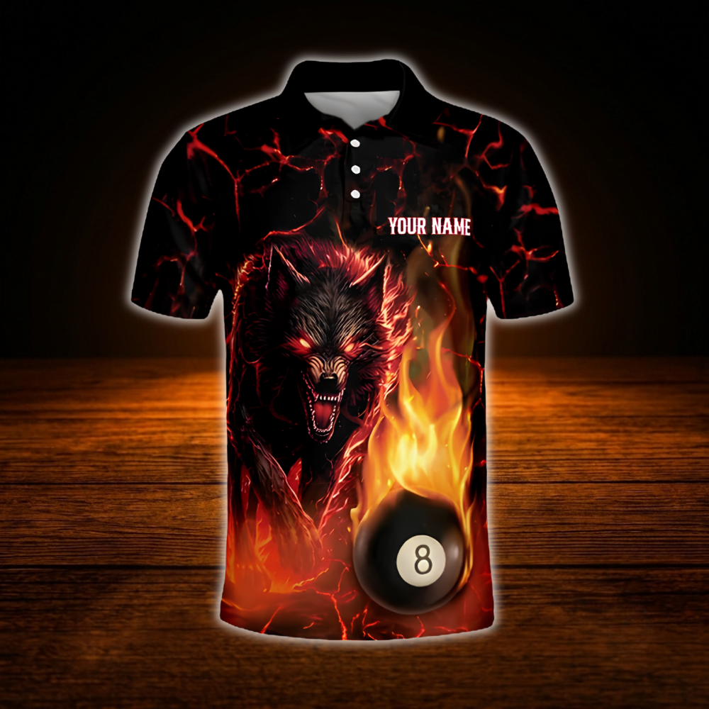 Custom Wolf Fire Billiard Men Polo Shirt, Custom Wolf Team Billiard Shirt