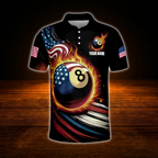 Custom 8 Ball American Flag Fire Men's Billiard Polo Shirt, Custom Patriotic Billiard Team Shirt