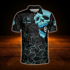Custom Skull Cyan Black Men's Billiard Polo Shirt, Custom Skull Billiard Team Shirt