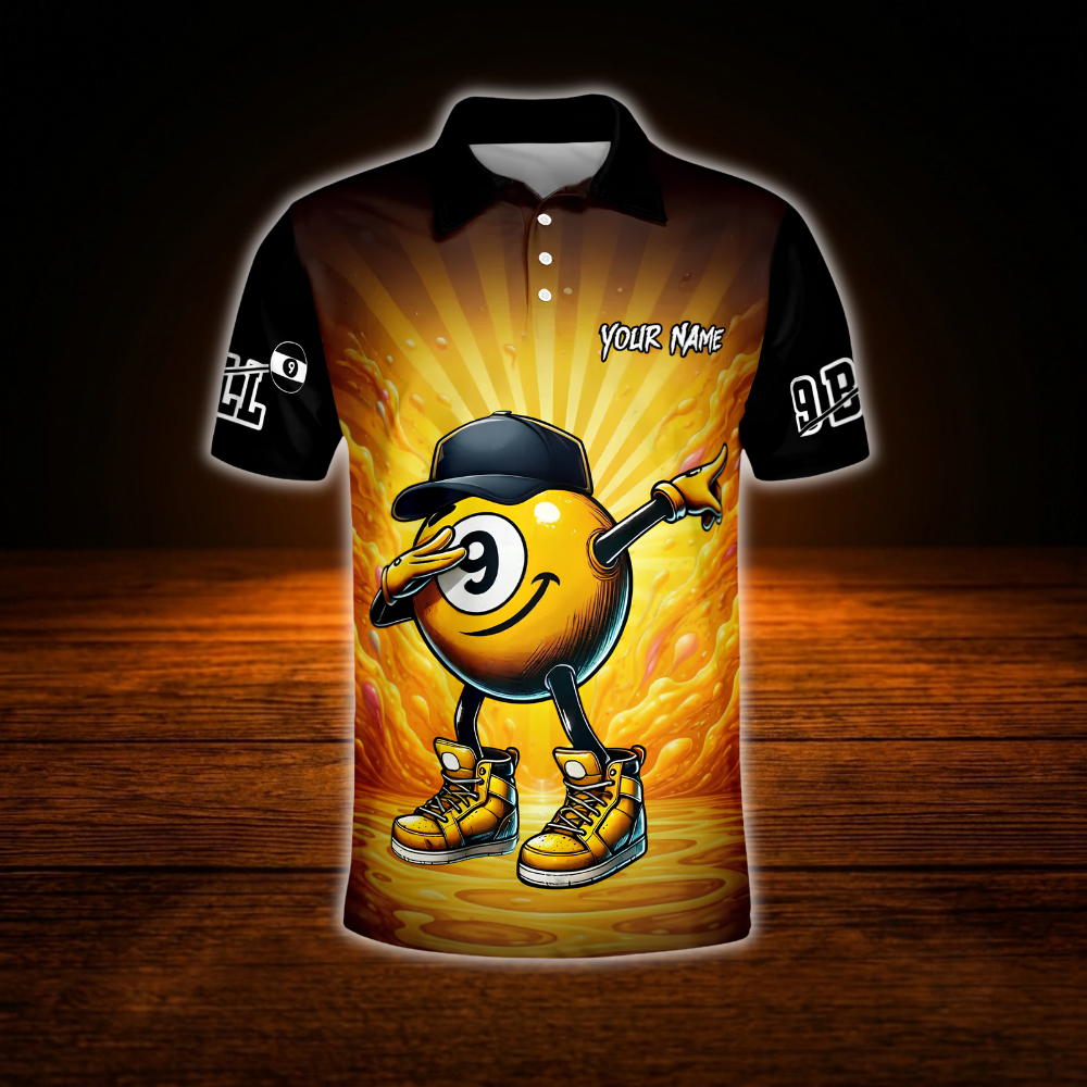 Funny 9 Ball Custom Mens Billiard Polo Shirt Black And Yellow, Custom Team 9 Ball Billiard Shirt