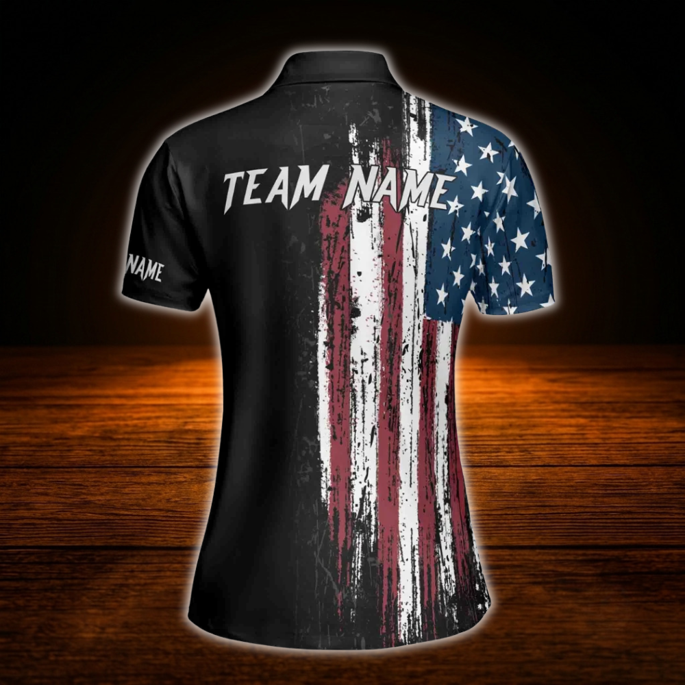 Custom American Flag Ladies Bowling Polo Shirts, Custom Patriotic Bowling Team Shirts For Women