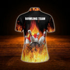 Custom Flame Orange Black Bowling Women Polo Shirt, Custom Flame Bowling Shirt For Team Ladies