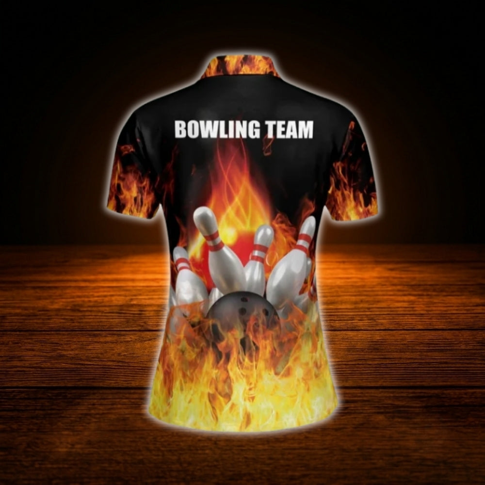 Custom Flame Orange Black Bowling Women Polo Shirt, Custom Flame Bowling Shirt For Team Ladies