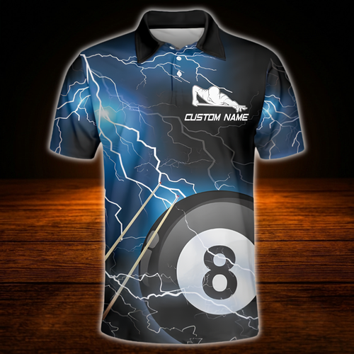 8 Ball Custom Blue Thunder Lightning Billiard Polo Shirt, Custom 8 Ball Team Billiard Shirt