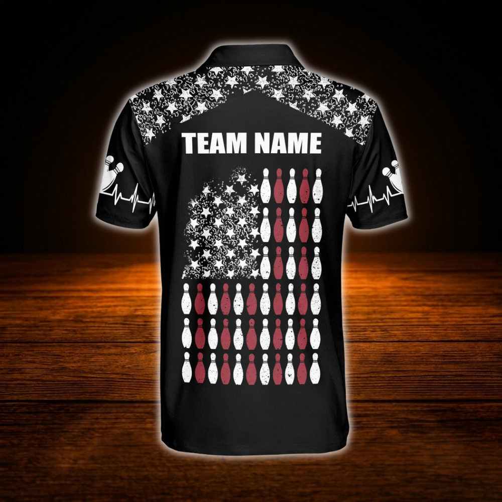 Custom American Flag Mens Bowling Polo Shirts, Custom Patriotic Bowling Team Shirts