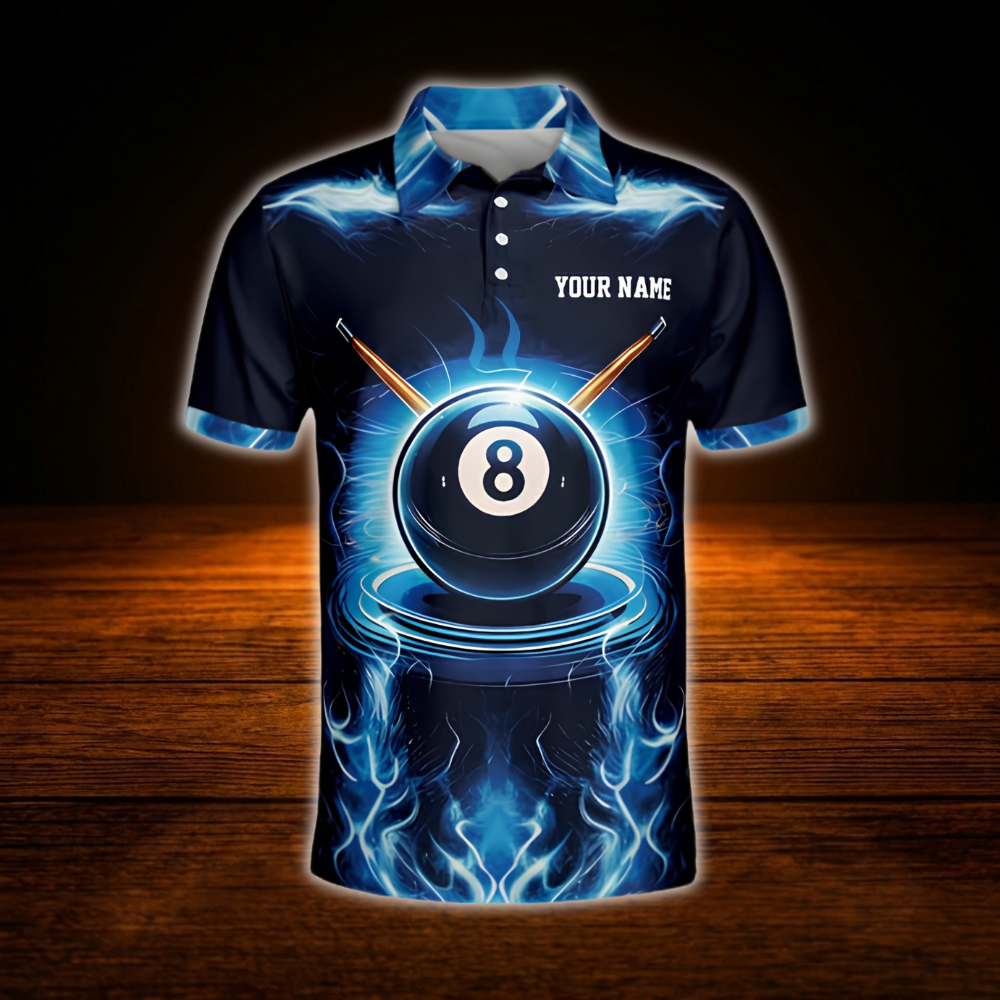 Custom 8 Ball Blue Lightning Billiard Men Polo Shirt, Custom 8 Ball Billiard Shirt Team
