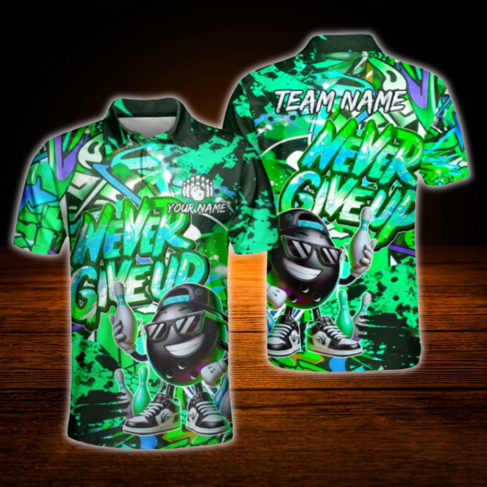 Custom Graffiti Never Give Up Bowling Polo Mens Shirts, Custom Graffiti Bowling Team Shirts