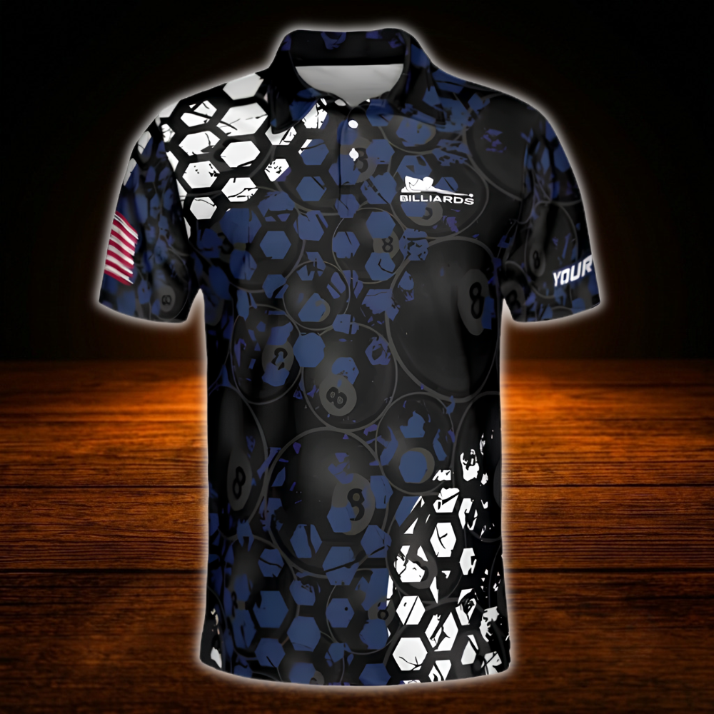 Custom 8 Ball Men's Hexagon Blue Navy Billiard Polo Shirt, Custom 8 Ball Pool Team Shirt