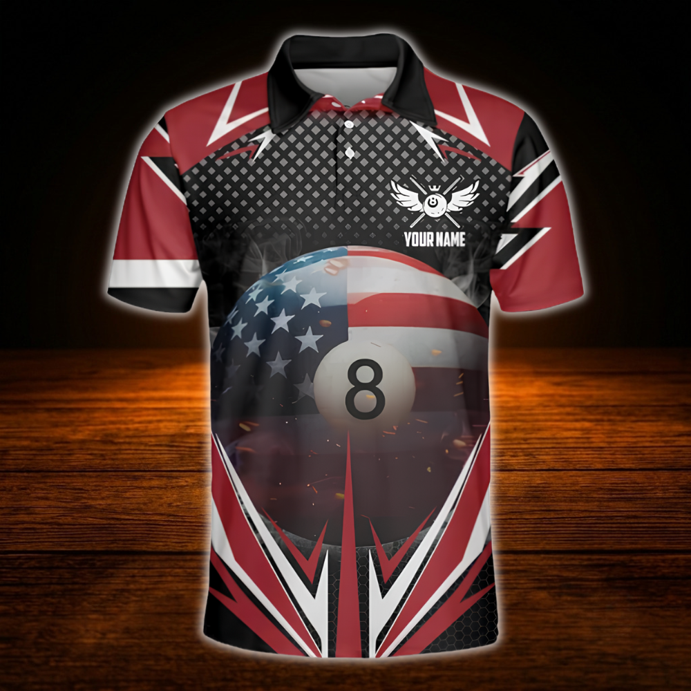 Custom 8 Ball USA Flag Men's Billiard Polo Shirt, Custom Patriotic Team Billiard Shirts