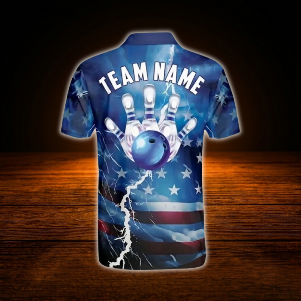 Custom American Flag Blue Thunder Bowling Polo Shirts For Men, Custom Patriotic Bowling Team Shirts