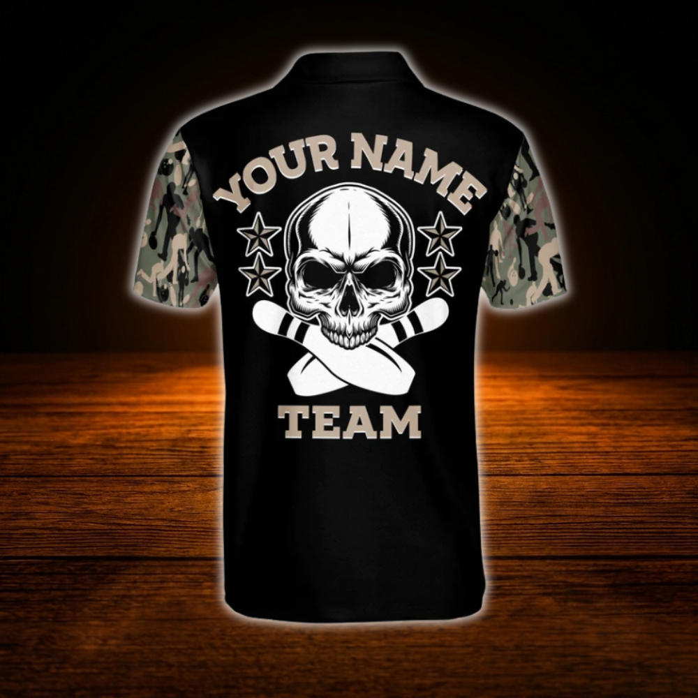 Custom Skull Camo Bowling Polo Shirts Mens, Custom Skull Bowling Team Shirts