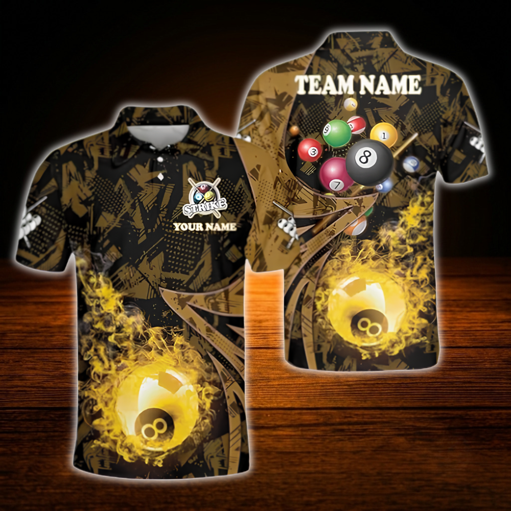 Custom 8 Ball Fire Men's Billiard Polo Shirt, Custom Flame Billiard Team Shirt