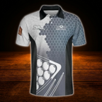 Custom Grey Blue Billiard Team Polo Shirt, Custom Billiard Shirt For Men