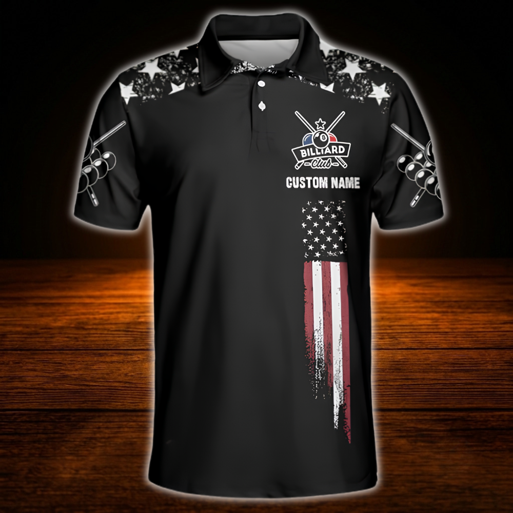 Shut Up And Shoot Custom USA Flag Billiard Men Polo Shirt, Custom Funny Billiard Shirt