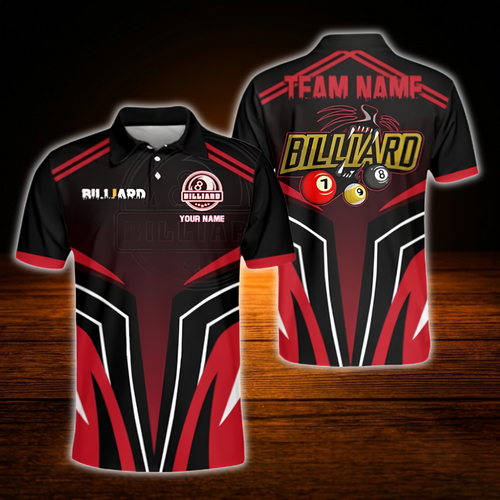 Black And Blue Custom Team Billiard Men Polo Shirt, Custom Billiard Shirt