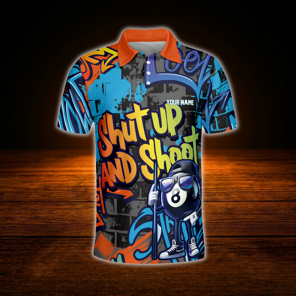 Funny 8 Ball Shut Up And Shoot Custom Graffiti Mens Billiard Polo Shirt, Custom Funny Billiard Team Shirt