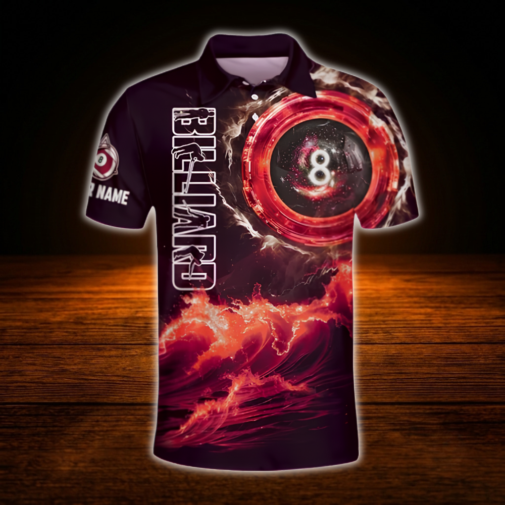 Custom 8 Ball Purple Lightning Billiard Men Polo Shirt, Custom 8 Ball Pool Team Shirt