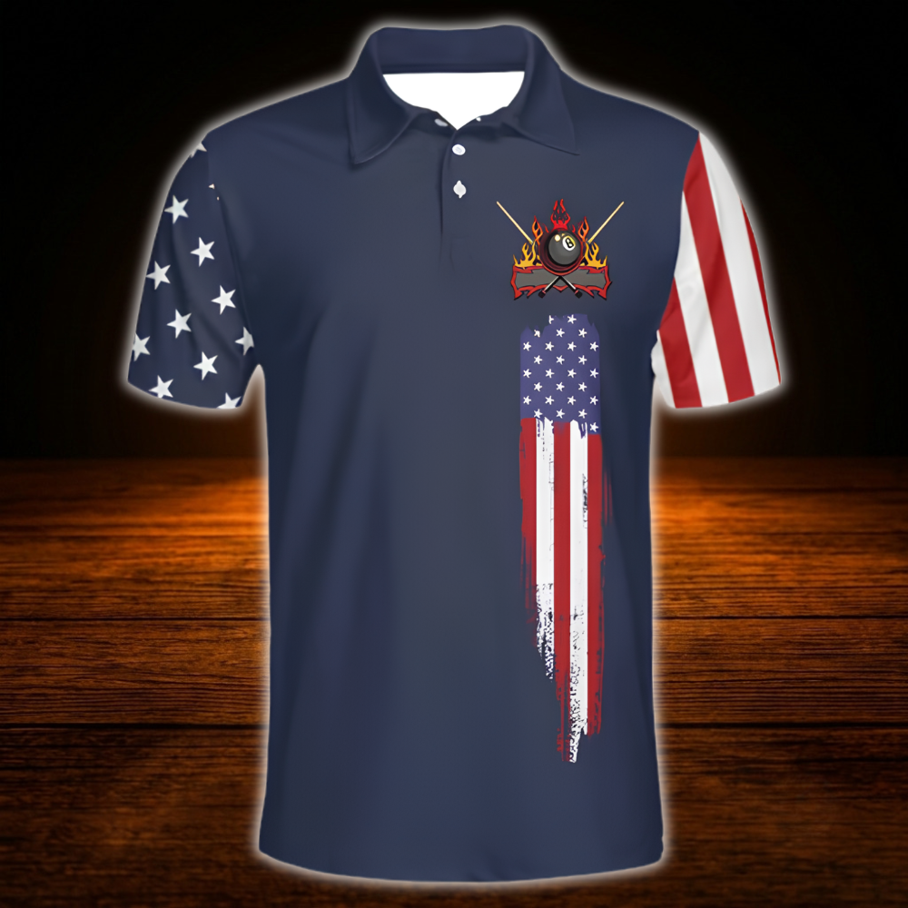 Custom USA Flag Navy Billiard Mens Polo Shirt, Custom Patriot Billiard Team Shirt