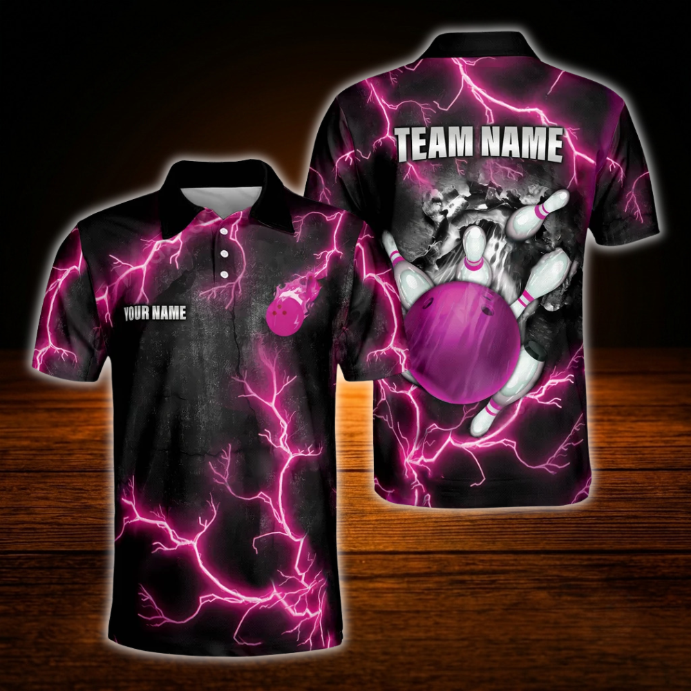 Custom Pink Thunder Bowling Polo Shirts For Men, Custom Thunder Bowling Team Shirts
