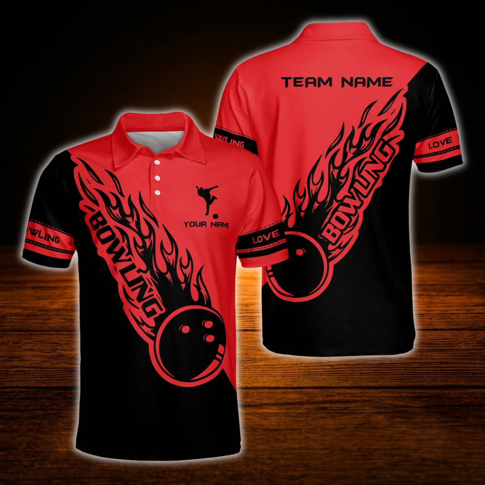 Custom Flame Blue And Black Bowling Polo Shirts For Men, Custom Flame Bowling Team Shirts