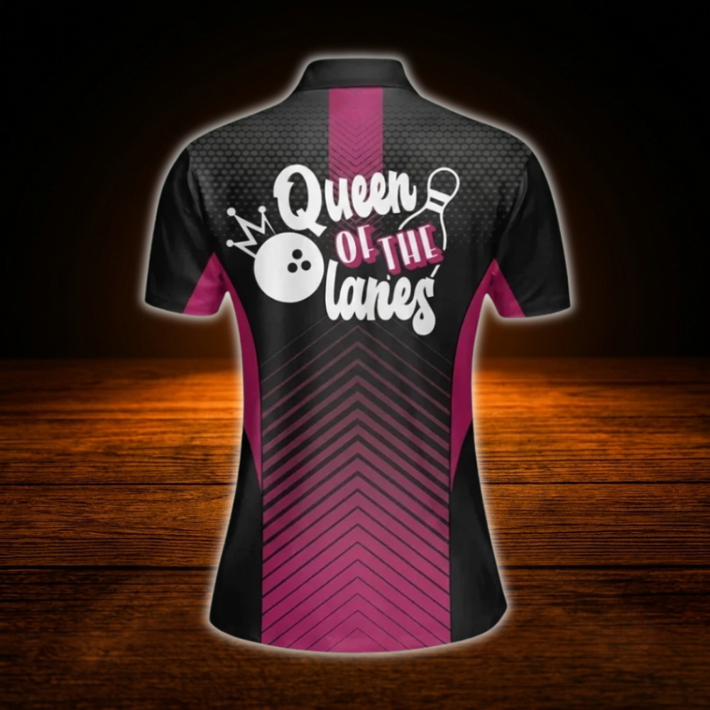 Queen Of The Lane Custom Black And Pink Bowling Polo Shirts For Women, Custom Funny Women Bowling Shirts