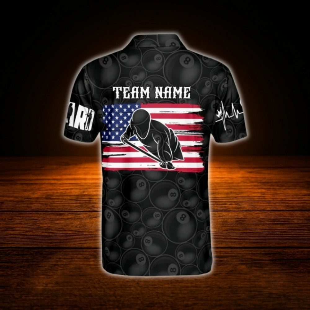 Custom American Flag Black Billiard Polo Shirt Men, Custom Team Patriotic Billiard Shirt