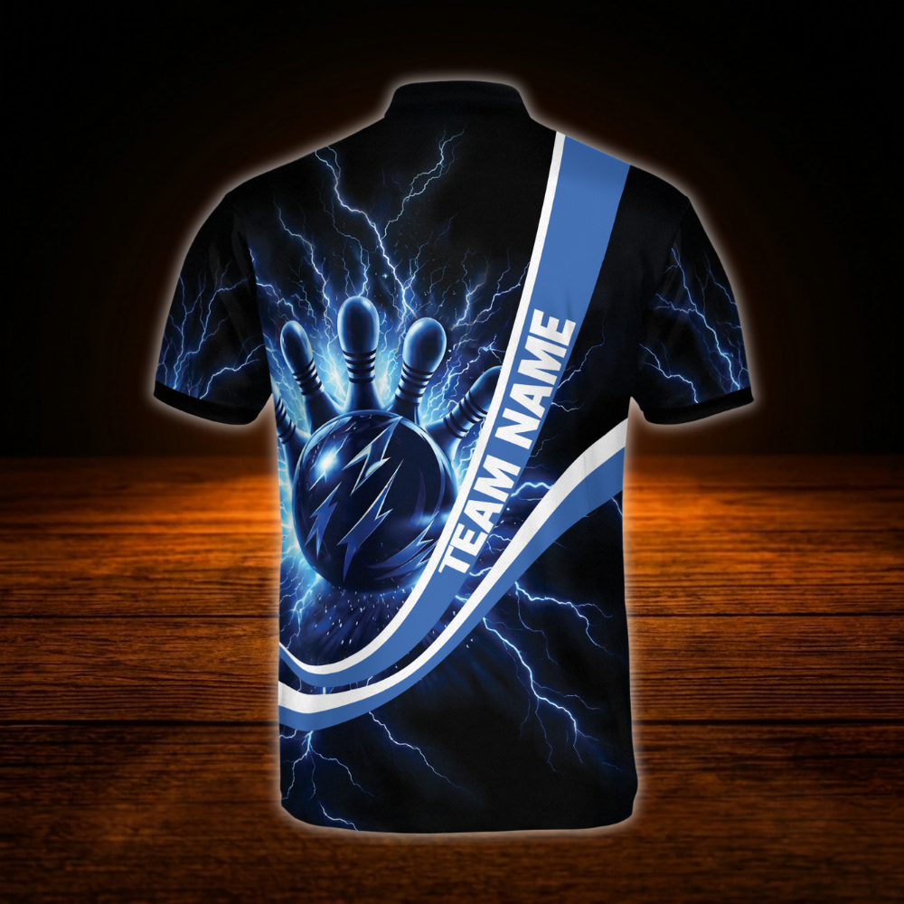 Custom Black And Blue Thunder Bowling Jersey Shirt For Men, Custom Thunder Bowling Team Shirts
