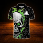 Custom Skull Green Flame Men's Bowling Polo Shirt, Custom Skull Bowling Shirt For Team