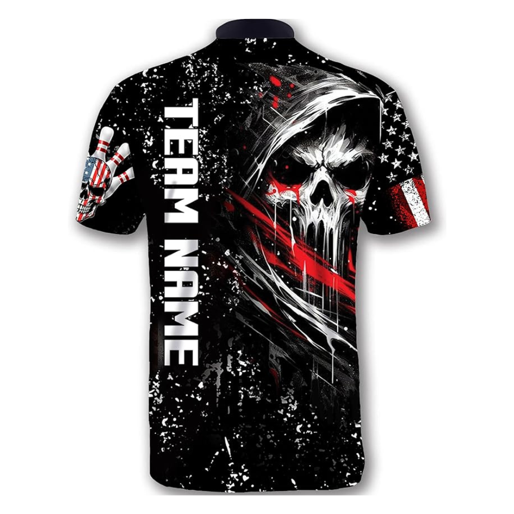 Custom Skull Black Bowling Jerseys Shirt For Men, Custom Skull American Flag Bowling Team Shirts BZ0290