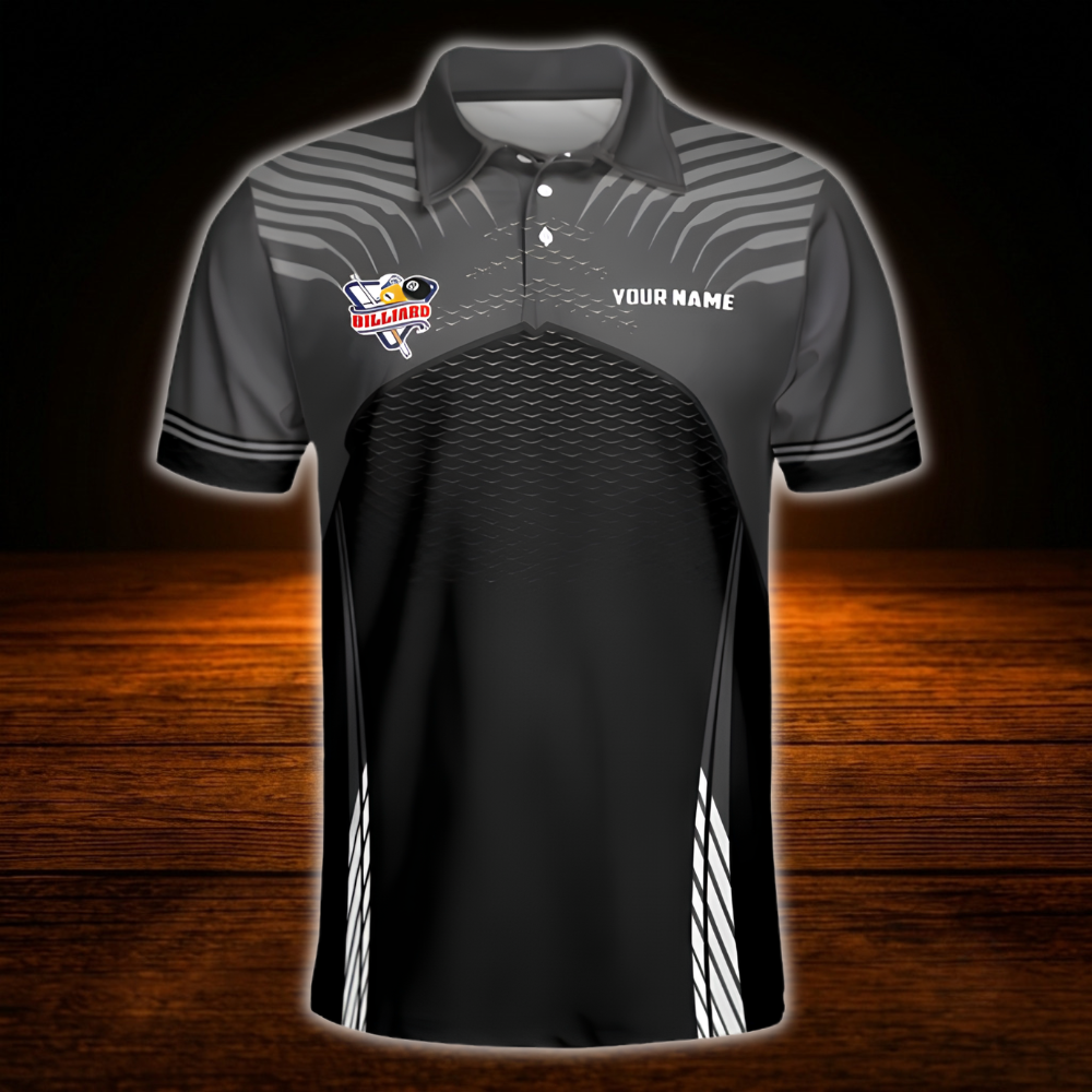 Custom Name Black Grey Billiard Polo Shirt For Men, Custom Billiard Player Shirts