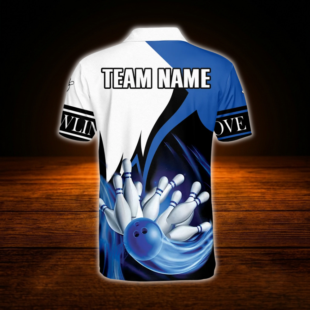 Custom Team Blue And White Bowling Polo Shirts For Men, Custom Bowling Team Shirts