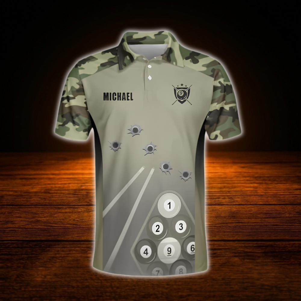 Custom Camouflage Brown Billiard Polo Shirt Men, Custom Camo Billiard Shirt For Team