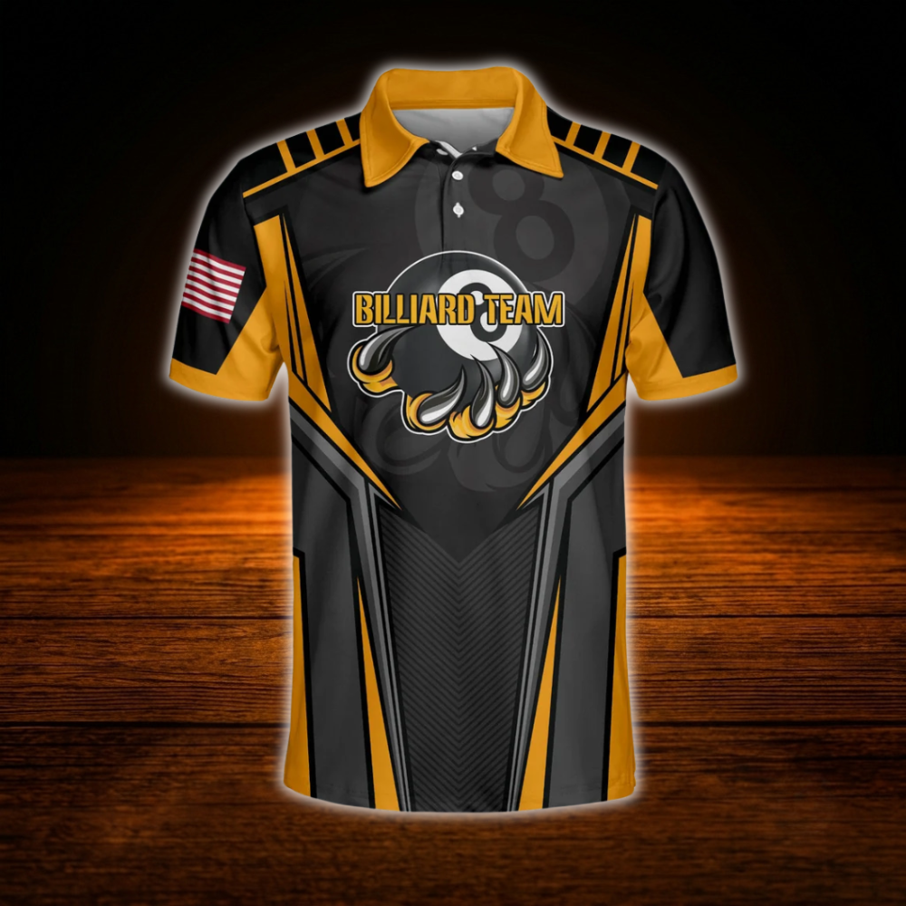 Custom Eagle Black Yellow Billiard Polo Shirt Men, Custom Eagle Billiard Team Shirt