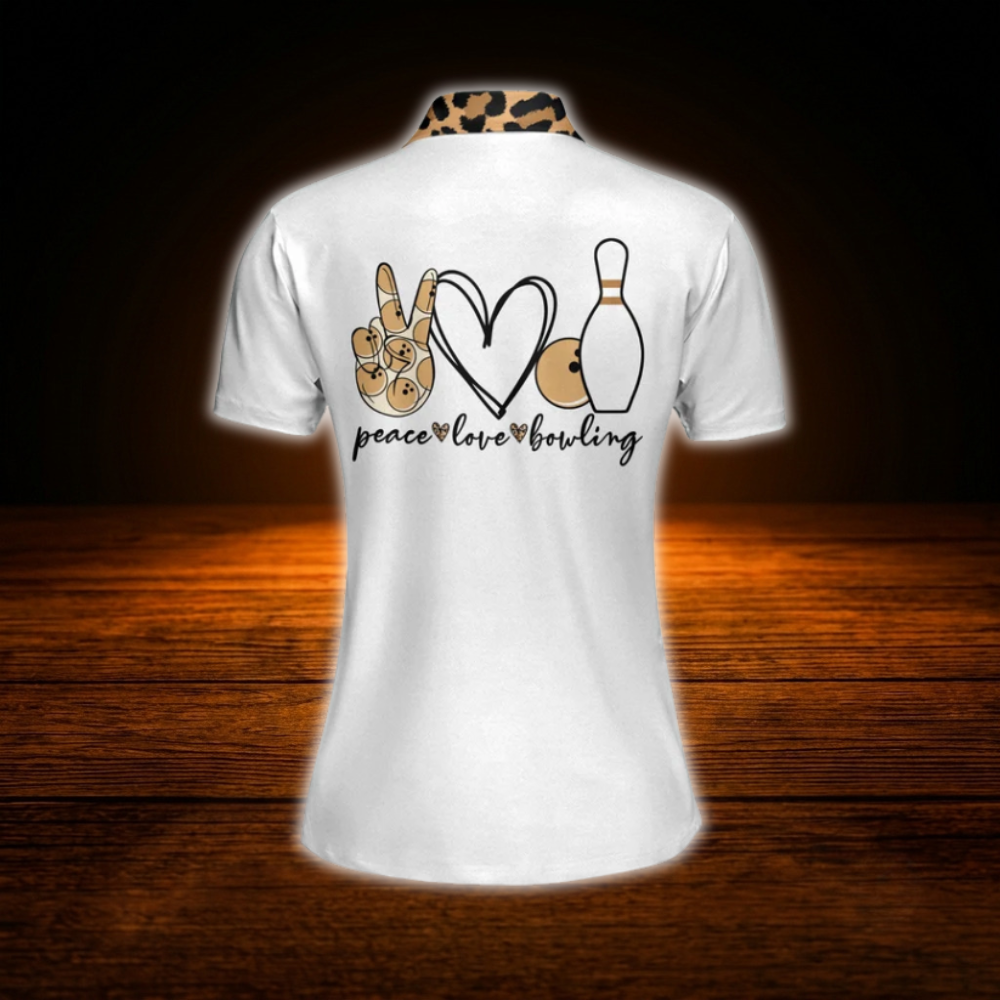 Custom Leopard White Peace Love Bowling Polo Shirts For Women, Custom Leopard Bowling Shirts For Women