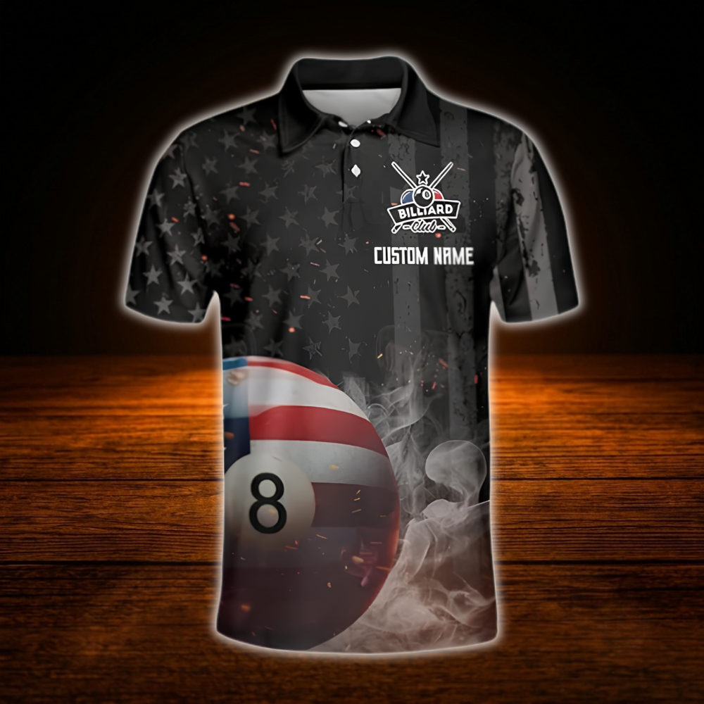 Custom 8 Ball USA Flag Smoke Billiard Polo Shirt, Custom Patriotic Billiard Shirt Team