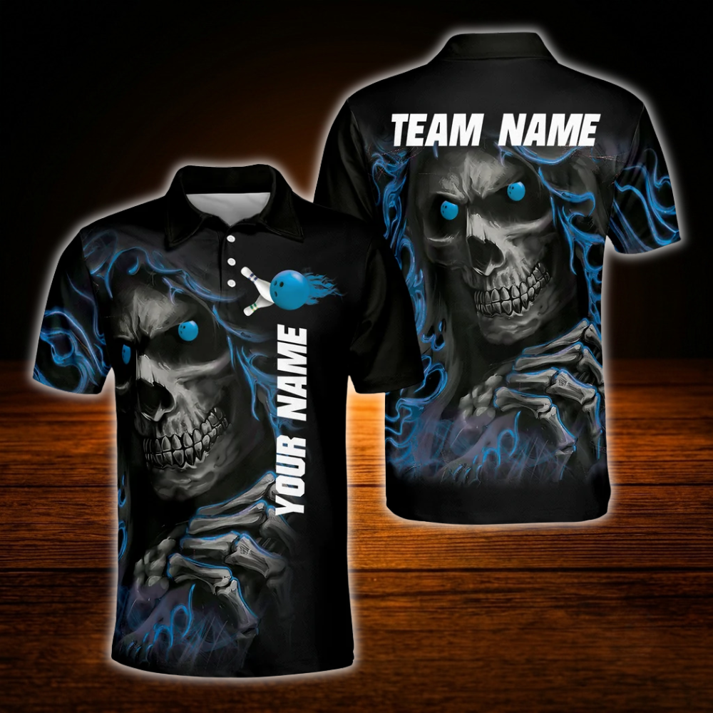 Custom Skull Green Black Mens Bowling Polo Shirts, Custom Skull Bowling Team Shirts
