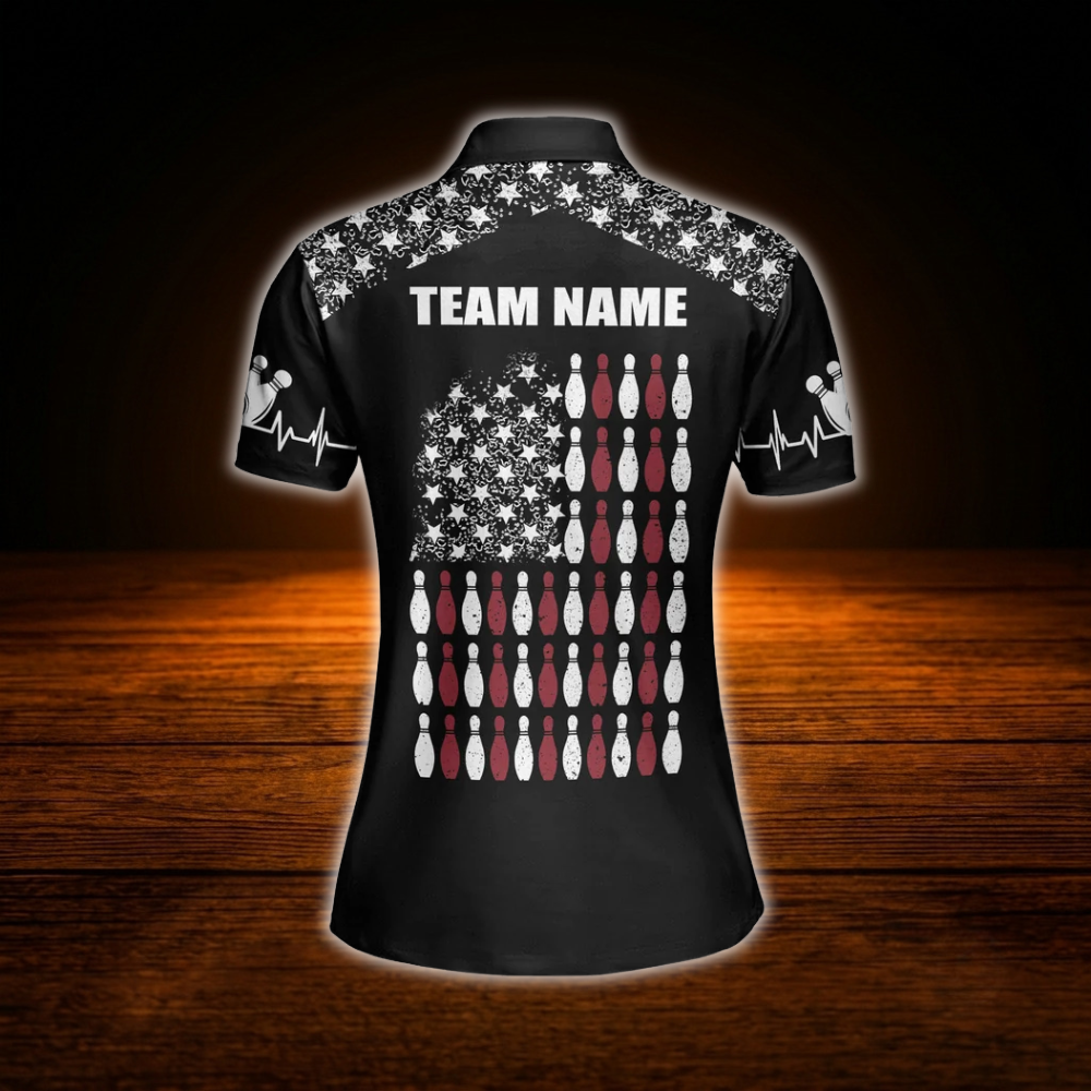 Custom American Flag  Black Polo Bowling Shirt For Women, Custom Patriotic Women Bowling Team Shirts