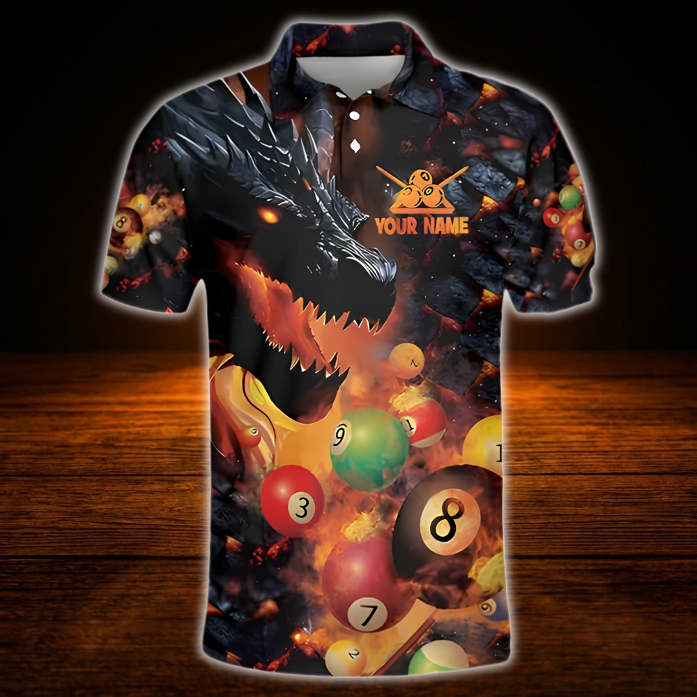 Custom Dragon Flaming Billiard Men Polo Shirt, Custom Dragon Billiard Shirt For Team