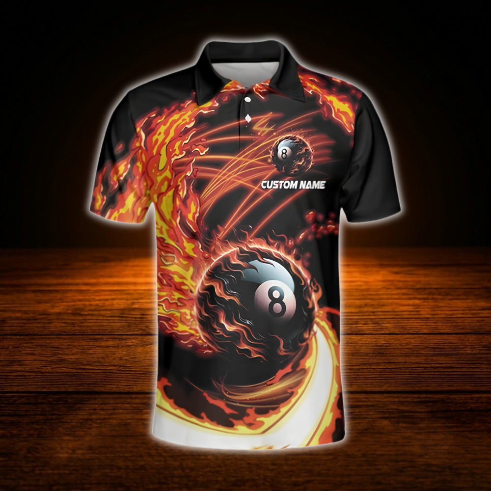 Custom Fire 8 Ball Billiard Men Polo Shirt, Custom Flame Billiard Shirt Team