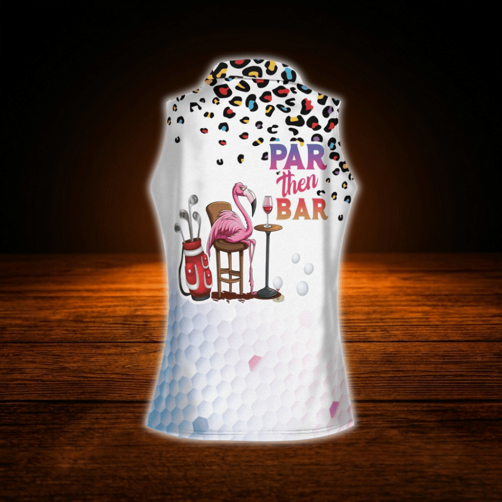 Par Then Bar Leopard Flamingo Sleeveless Golf Shirt For Women, Funny Flamingo Golf Shirts For Ladies